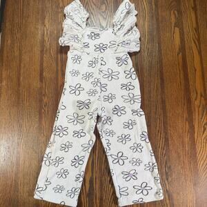 Zara Kids Floral Knit Ruffle Jumpsuit Retro Daisy Cream Overalls Wide Leg Size 4